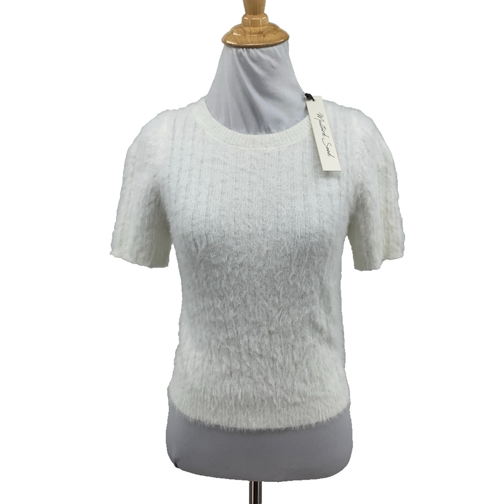 Mustard Seed Top Womens S Small Ivory Knit Fuzzy Textured Cropped Short Sleeve